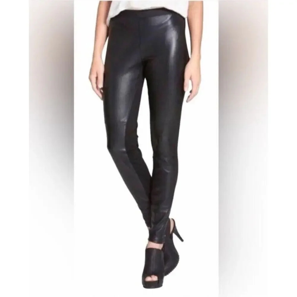 Eileen Fisher Ponte Black Leather Front Panel Legging Pants Size Large Stretch